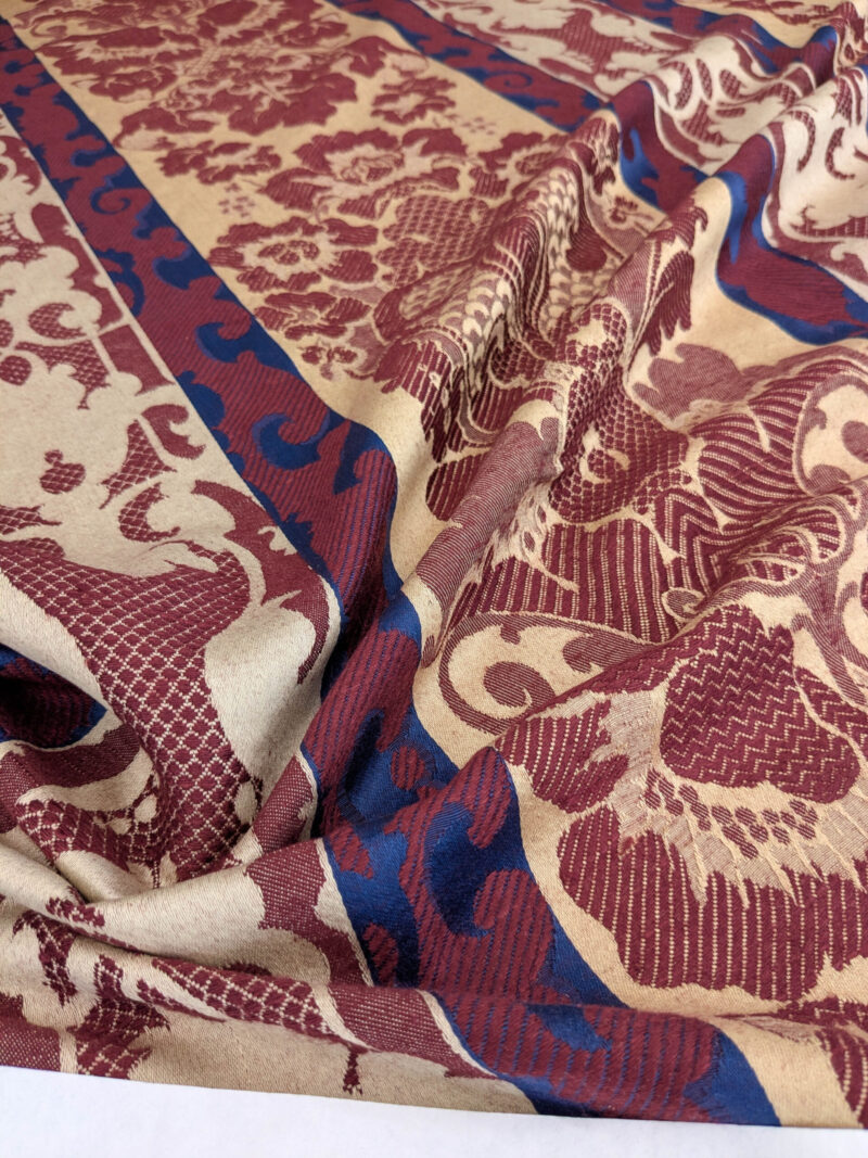 PXL_20250521_213541281 Scalamandre Renwick Gallery Wine Beige & Blue Stripe Smithsonian American Art Museum Damask Renaissance Cotton MSRP USD 444/y