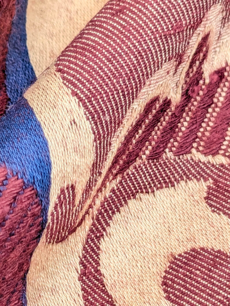 PXL_20250521_213547483 Scalamandre Renwick Gallery Wine Beige & Blue Stripe Smithsonian American Art Museum Damask Renaissance Cotton MSRP USD 444/y