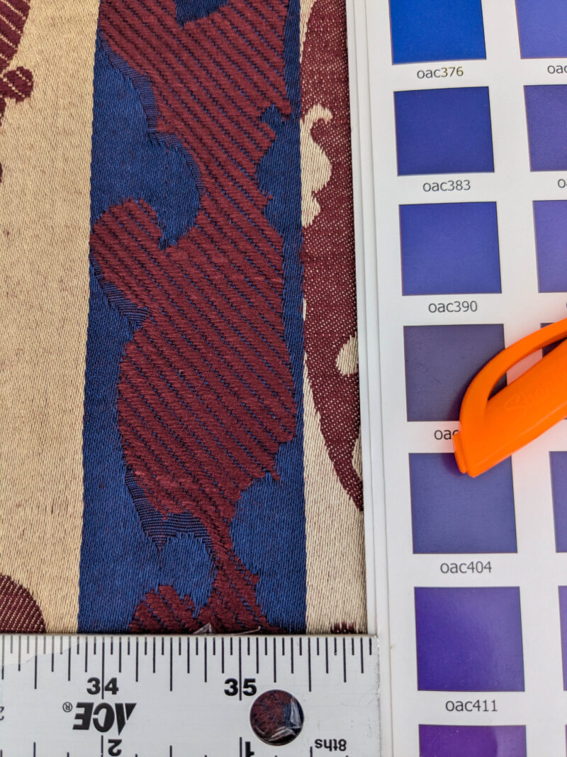 PXL_20250521_213701678 Scalamandre Renwick Gallery Wine Beige & Blue Stripe Smithsonian American Art Museum Damask Renaissance Cotton MSRP USD 444/y