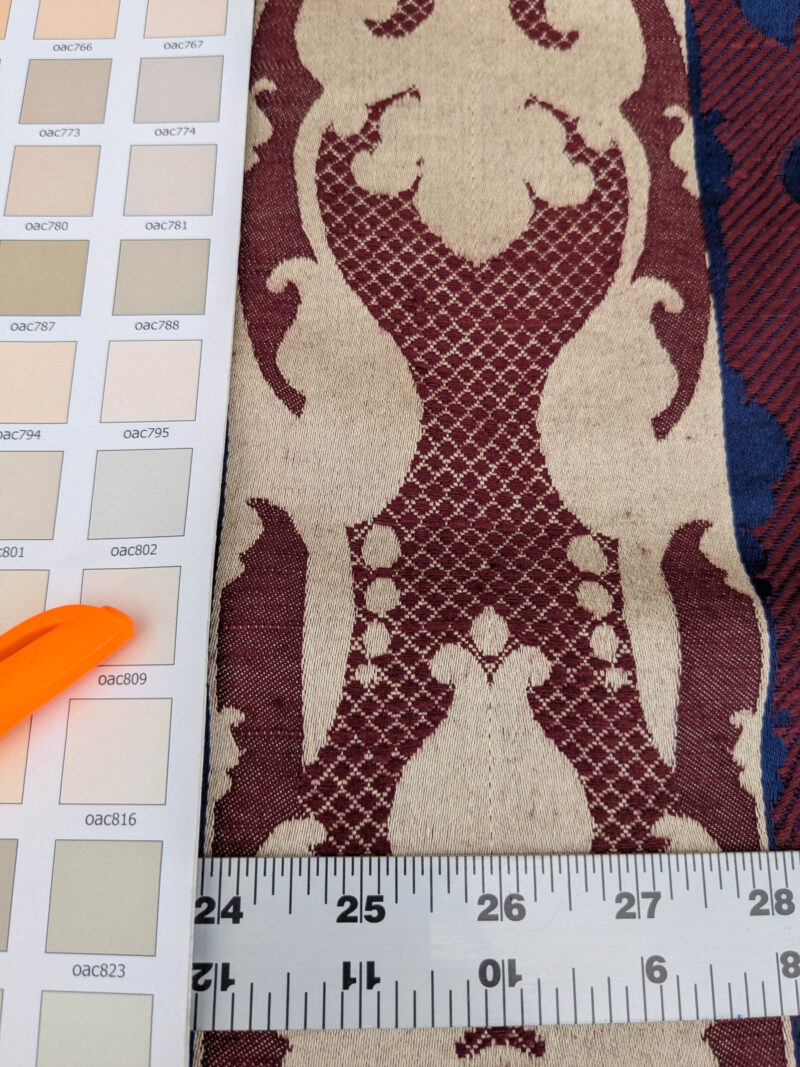 PXL_20250521_213730621 Scalamandre Renwick Gallery Wine Beige & Blue Stripe Smithsonian American Art Museum Damask Renaissance Cotton MSRP USD 444/y