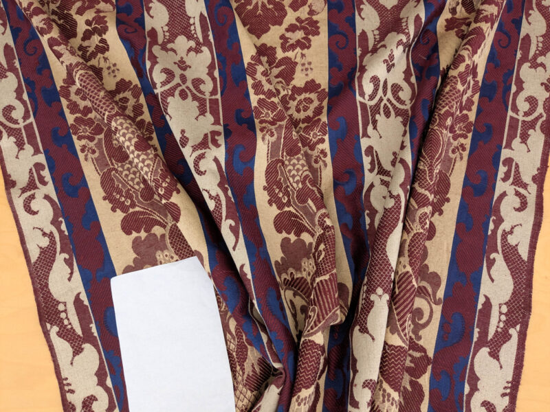 PXL_20250521_213752193 Scalamandre Renwick Gallery Wine Beige & Blue Stripe Smithsonian American Art Museum Damask Renaissance Cotton MSRP USD 444/y