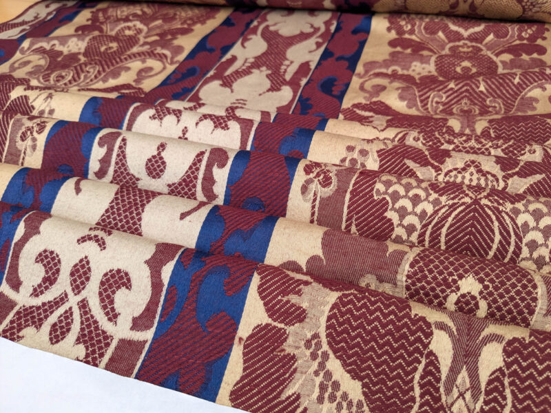 PXL_20250521_213914733 Scalamandre Renwick Gallery Wine Beige & Blue Stripe Smithsonian American Art Museum Damask Renaissance Cotton MSRP USD 444/y