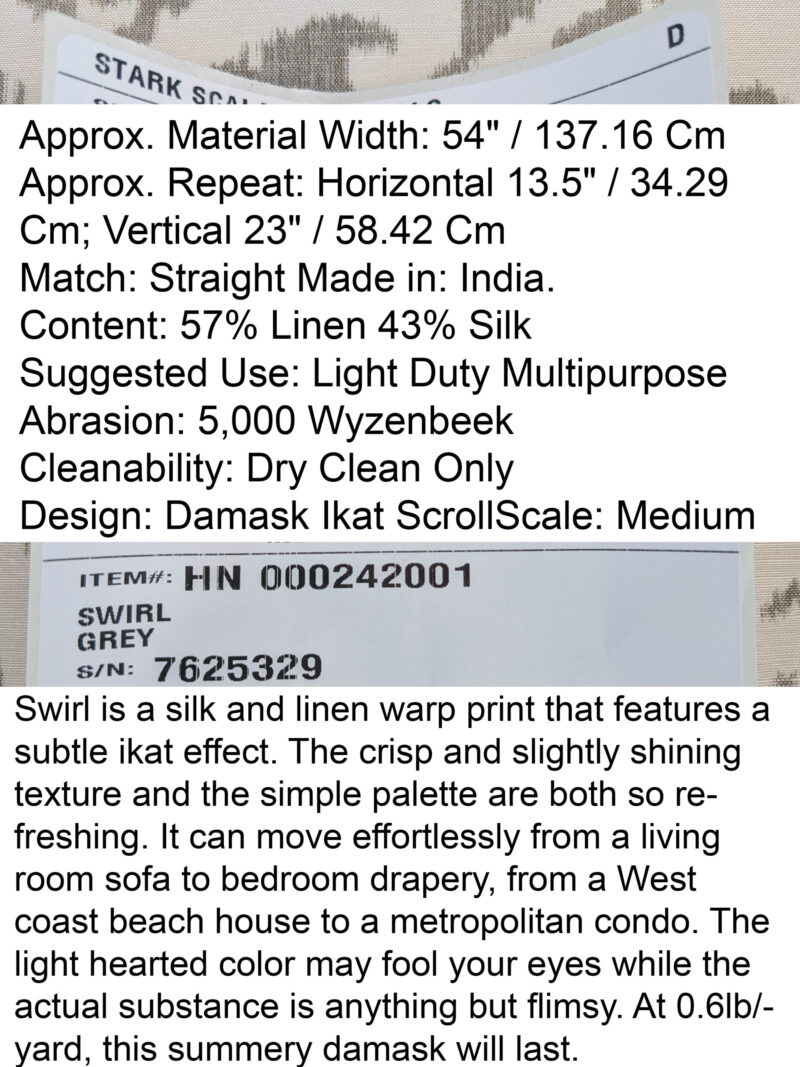 PXL_20250523_182953708 Scalamandre Swirl Grey Beige Scroll Damask Ikat Linen Silk MSRP USD 372/y