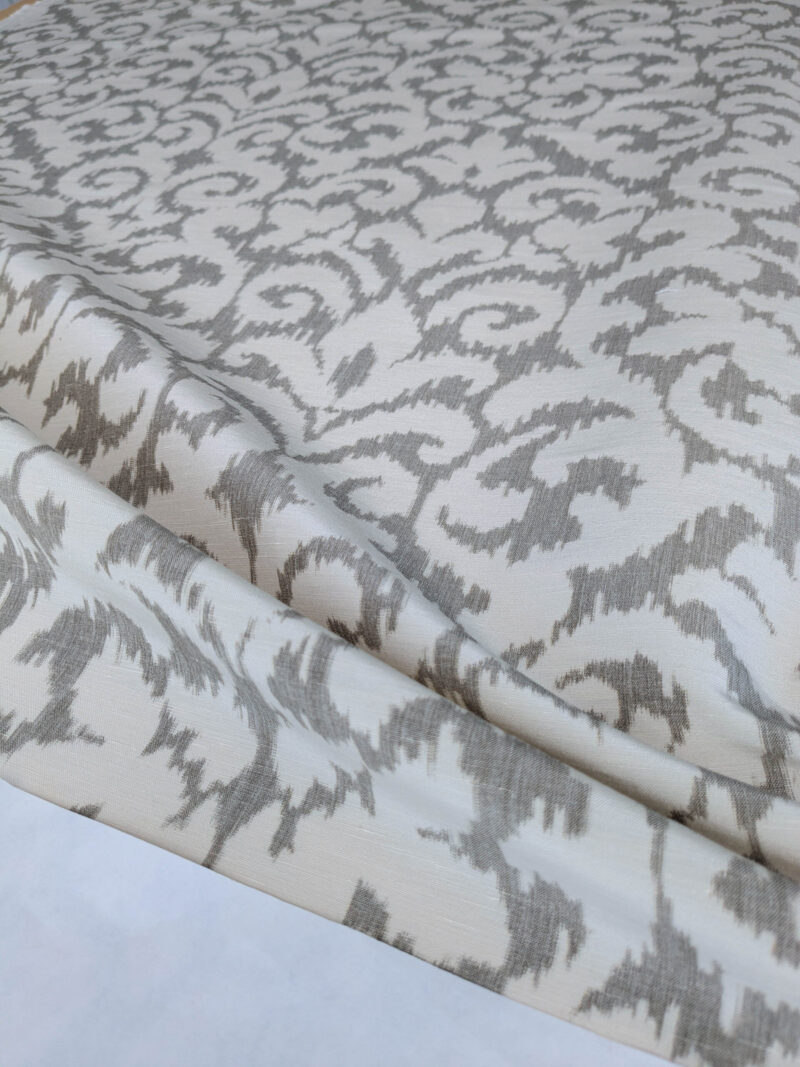 PXL_20250523_183035387 Scalamandre Swirl Grey Beige Scroll Damask Ikat Linen Silk MSRP USD 372/y