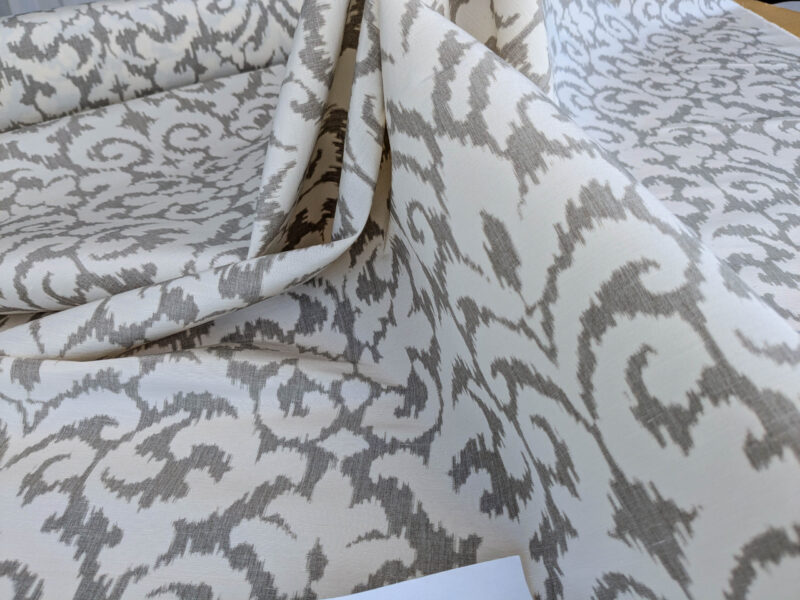 PXL_20250523_183217880 Scalamandre Swirl Grey Beige Scroll Damask Ikat Linen Silk MSRP USD 372/y