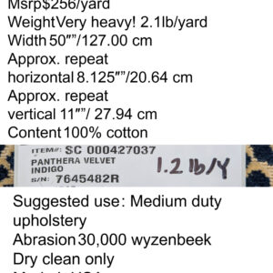 1.4Y Scalamandre Panthera Velvet Indigo Blue Beige Panther Leopard Skin Cotton MSRP USD 395/Y