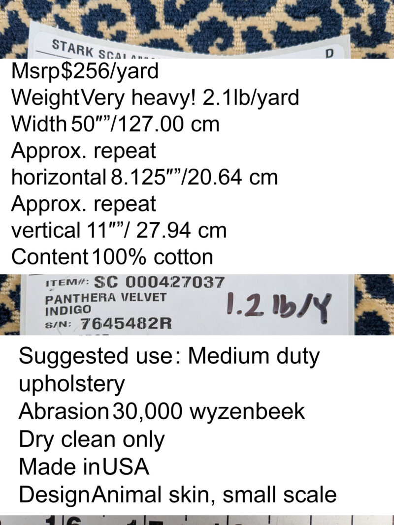 1.4Y Scalamandre Panthera Velvet Indigo Blue Beige Panther Leopard Skin Cotton MSRP USD 395/Y