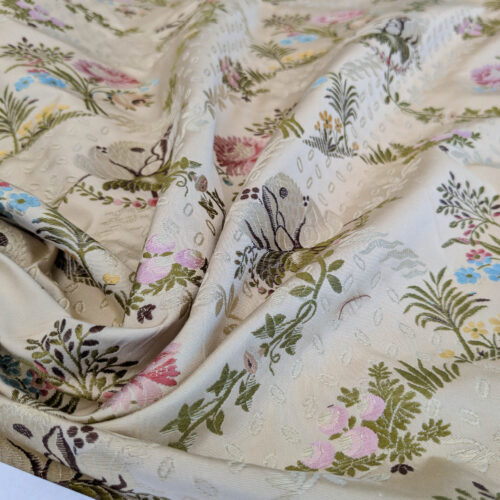 PXL_20250527_220711963 Scalamandre Lelievre Lampas Poussin Beige Green Pink Silk Floral Weave MSRP USD 1472/y