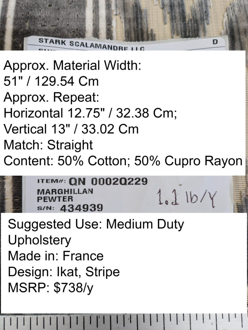 PXL_20250529_210452314 Scalamandre Marghillan Pewter Gray Off White Cotton Rayon Ikat Stripe Cut Velvet MSRP USD 738/y