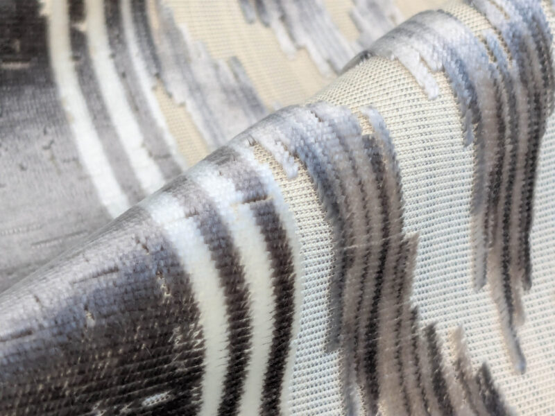 PXL_20250529_210658254 Scalamandre Marghillan Pewter Gray Off White Cotton Rayon Ikat Stripe Cut Velvet MSRP USD 738/y