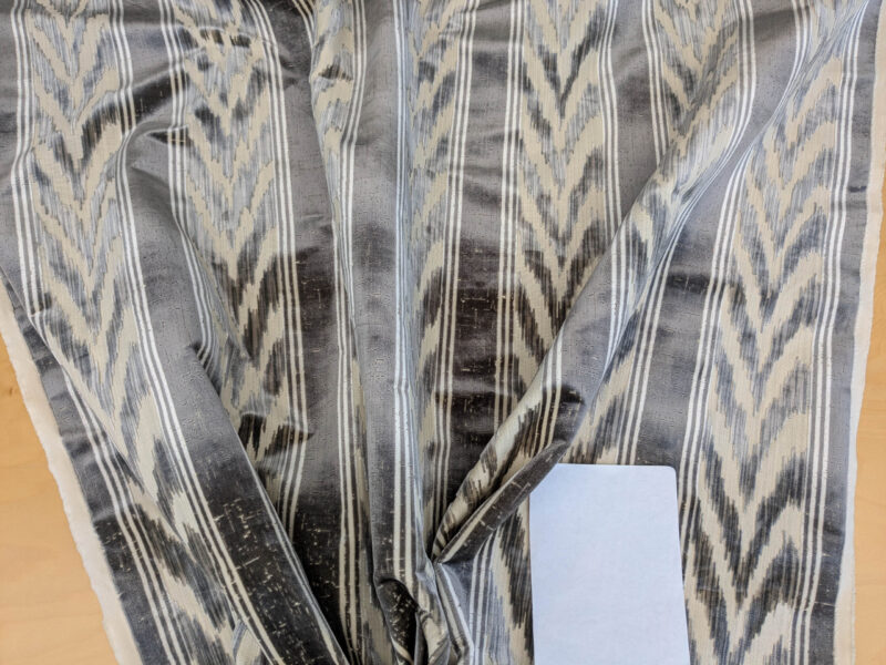 PXL_20250529_210744829 Scalamandre Marghillan Pewter Gray Off White Cotton Rayon Ikat Stripe Cut Velvet MSRP USD 738/y