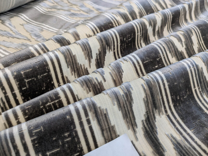 PXL_20250529_210820583 Scalamandre Marghillan Pewter Gray Off White Cotton Rayon Ikat Stripe Cut Velvet MSRP USD 738/y