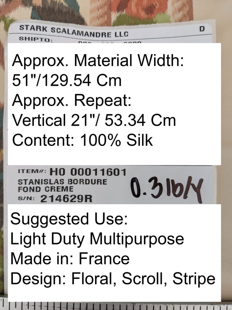 PXL_20250529_212451258 Scalamandre Tassinari & Chatel Stanislas Bordure Fond Creme Pink Blue Green Cream White Silk Floral Scroll Stripe MSRP USD 2968/y