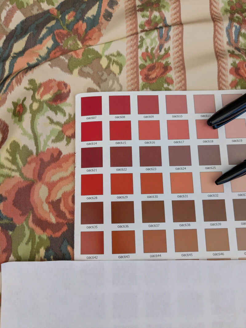 PXL_20250529_212742019 Scalamandre Tassinari & Chatel Stanislas Bordure Fond Creme Pink Blue Green Cream White Silk Floral Scroll Stripe MSRP USD 2968/y