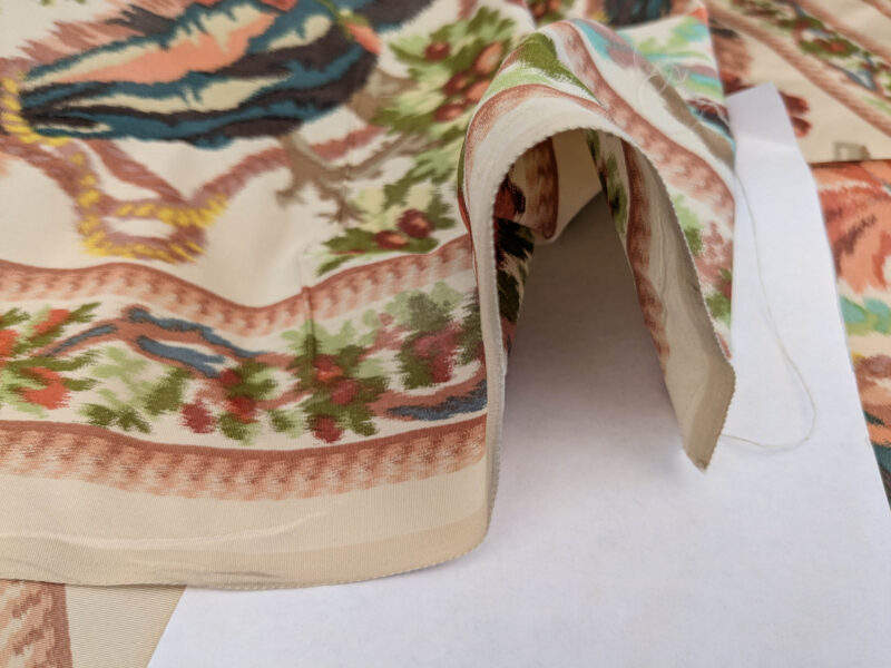 PXL_20250529_212917225 Scalamandre Tassinari & Chatel Stanislas Bordure Fond Creme Pink Blue Green Cream White Silk Floral Scroll Stripe MSRP USD 2968/y