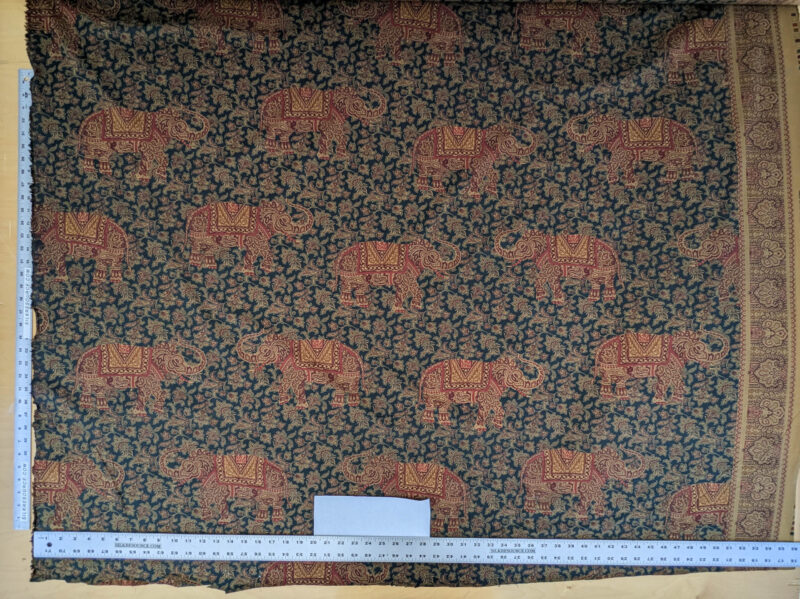 Scalamandre Grey Watkins Elephanta With Border Indian Midnight Green Brown Deep Blue Cotton Elephant Animals MSRP USD 276/y