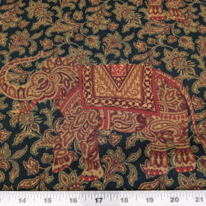 Scalamandre Grey Watkins Elephanta With Border Indian Midnight Green Brown Deep Blue Cotton Elephant Animals MSRP USD 276/y