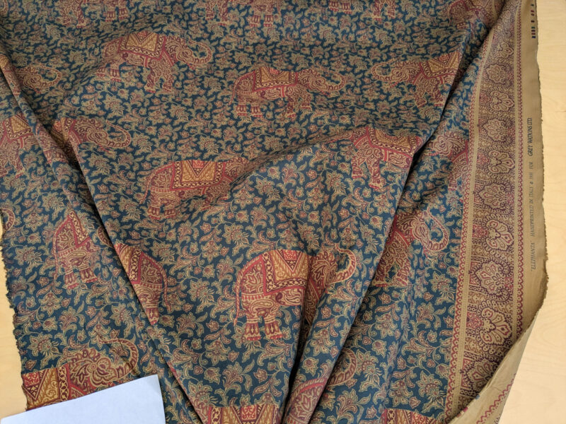 Scalamandre Grey Watkins Elephanta With Border Indian Midnight Green Brown Deep Blue Cotton Elephant Animals MSRP USD 276/y