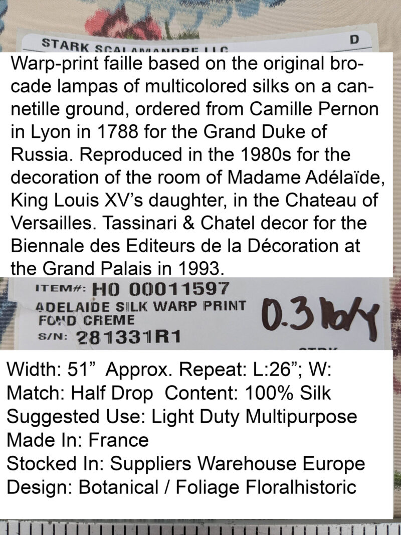 PXL_20250529_215112994 Scalamandre Tassinari & Chatel  Adelaide Silk Warp Print Font Creme Beige Cream Blue Pink Floral Diamond Chateau of Versailles MSRP USD 2800+y