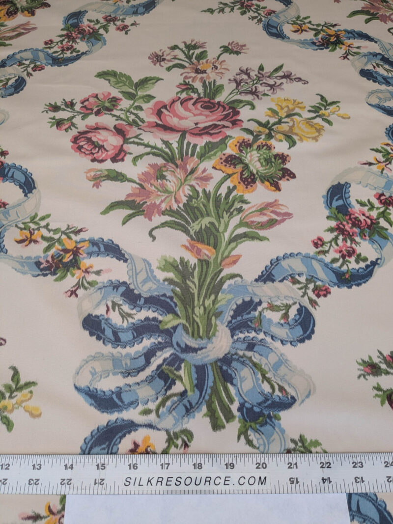 PXL_20250529_215134925 Scalamandre Tassinari & Chatel  Adelaide Silk Warp Print Font Creme Beige Cream Blue Pink Floral Diamond Chateau of Versailles MSRP USD 2800+y