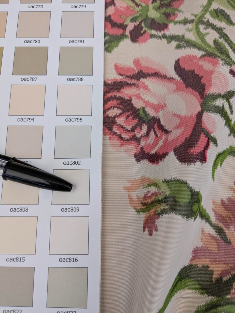 PXL_20250529_215252979 Scalamandre Tassinari & Chatel  Adelaide Silk Warp Print Font Creme Beige Cream Blue Pink Floral Diamond Chateau of Versailles MSRP USD 2800+y