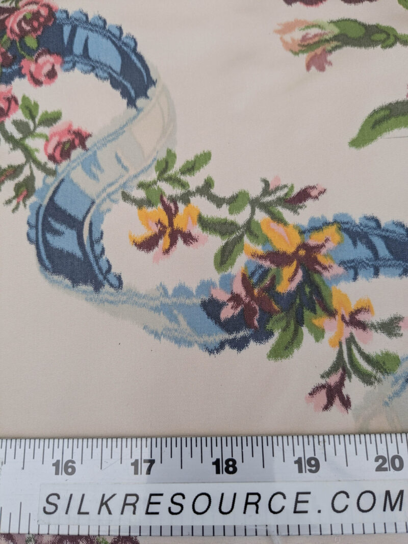 PXL_20250529_215434360 Scalamandre Tassinari & Chatel  Adelaide Silk Warp Print Font Creme Beige Cream Blue Pink Floral Diamond Chateau of Versailles MSRP USD 2800+y