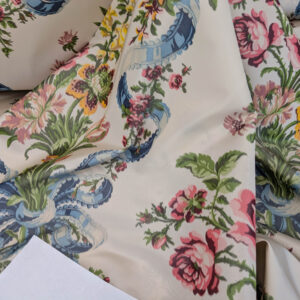 PXL_20250529_215557227 Scalamandre Tassinari & Chatel  Adelaide Silk Warp Print Font Creme Beige Cream Blue Pink Floral Diamond Chateau of Versailles MSRP USD 2800+y