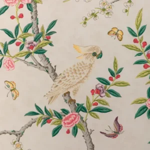 8024106_1623 Special Order Brunschwig & Fils Kanchou Print - Multi Green Red on White Cotton Bird Botanical Floral MSRP USD 336/y