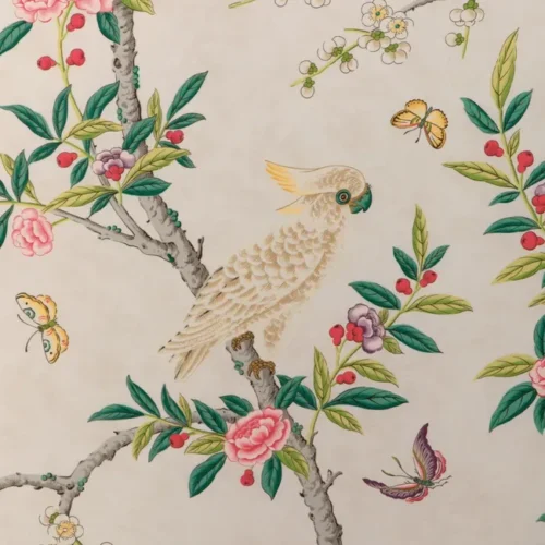 8024106_1623 Special Order Brunschwig & Fils Kanchou Print - Multi Green Red on White Cotton Bird Botanical Floral MSRP USD 336/y