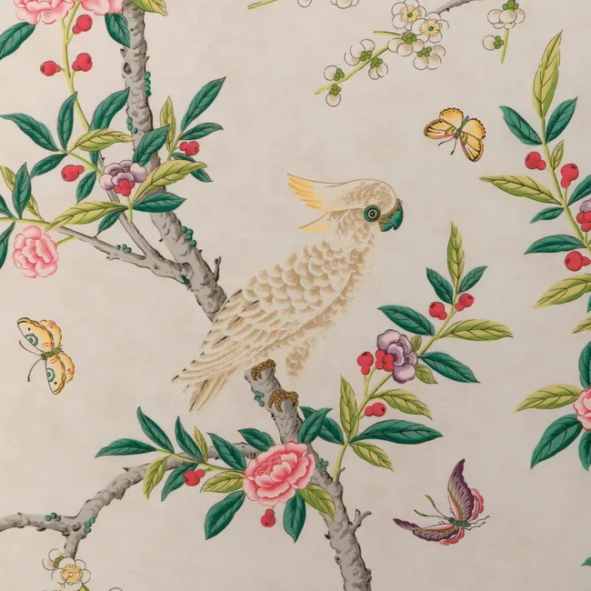 8024106_1623 Special Order Brunschwig & Fils Kanchou Print - Multi Green Red on White Cotton Bird Botanical Floral MSRP USD 336/y
