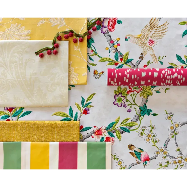 8024106_1623_4 Special Order Brunschwig & Fils Kanchou Print - Multi Green Red on White Cotton Bird Botanical Floral MSRP USD 336/y