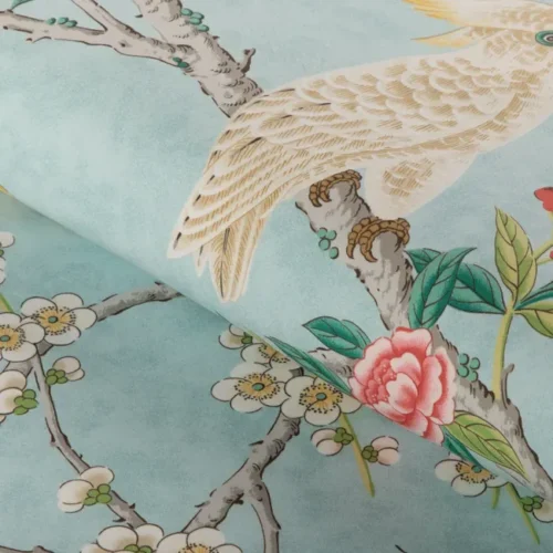 8024106_353_3 Special Order Brunschwig & Fils Kanchou Print - Aqua Blue Cotton Bird Botanical Floral MSRP USD 336/y