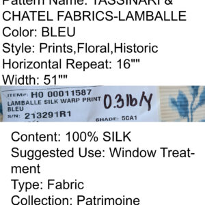 Scalamandre Tassinari & Chatel Lamballe Silk Warp Print Bleu Blue White Silk Floral Print Historical Circa 1778 MSRP USD 2022/yard