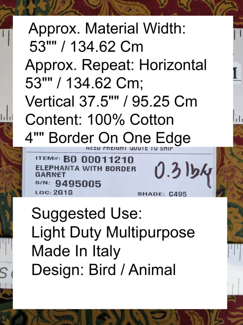 PXL_20250625_173204180 Scalamandre Elephanta With Border Garnet Red Brown Green Cotton Print Elephant Animals MSRP USD 276/y