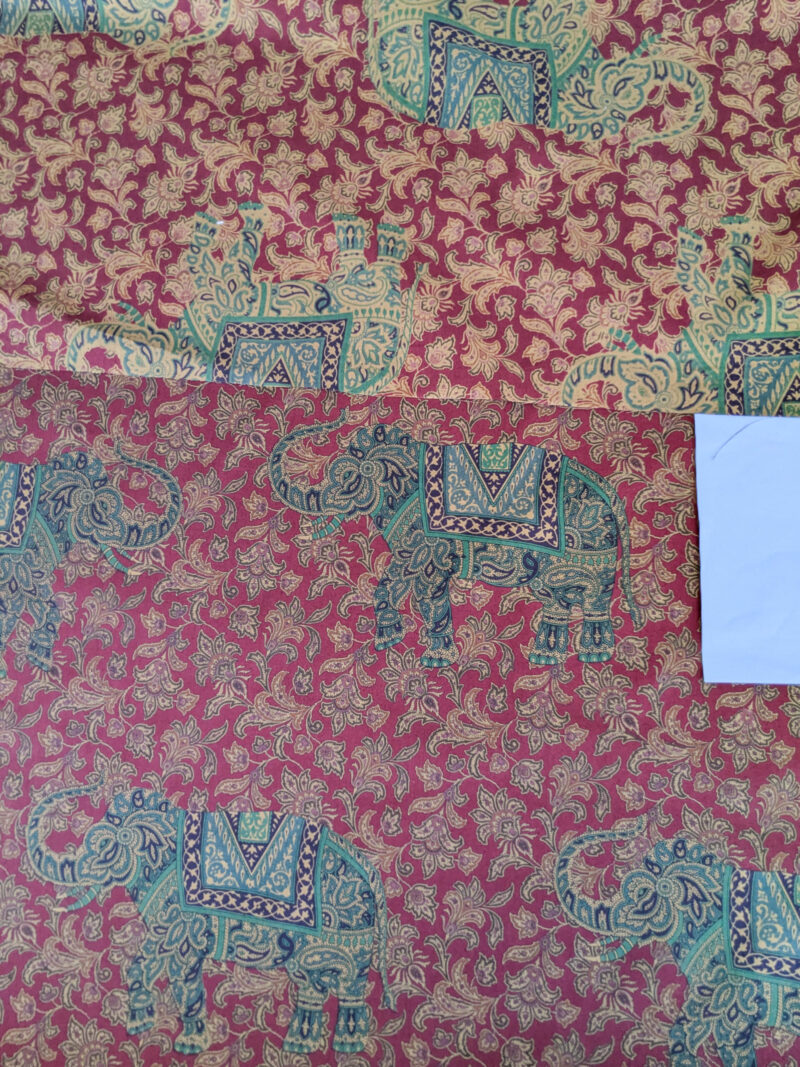PXL_20250625_180530068 Scalamandre Elephanta With Border Garnet Red Brown Green Cotton Print Elephant Animals MSRP USD 276/y