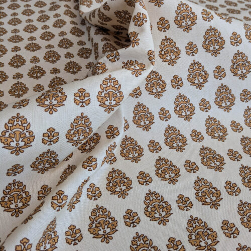 PXL_20250626_175714694 Scalamandre Oscar De La Renta Jaipur Crest Brown Earthy Gold Indian Linen Print with Border