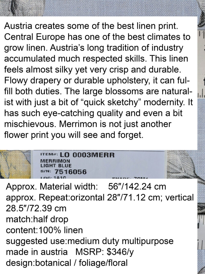 PXL_20250626_181603199 Scalamandre Merrimon in Light Blue Print Silky Linen Fragrant Summer lilac trumpet flower or jimsonweed MSRP USD 346/y