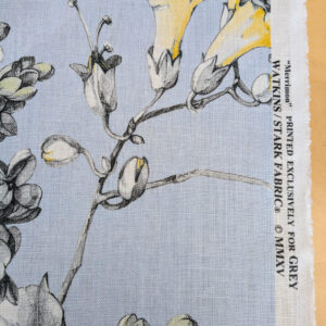 PXL_20250626_182459925 Scalamandre Merrimon in Light Blue Print Silky Linen Fragrant Summer lilac trumpet flower or jimsonweed MSRP USD 346/y