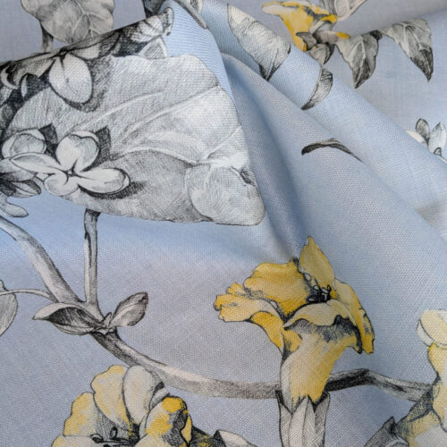 PXL_20250626_182913440 Scalamandre Merrimon in Light Blue Print Silky Linen Fragrant Summer lilac trumpet flower or jimsonweed MSRP USD 346/y