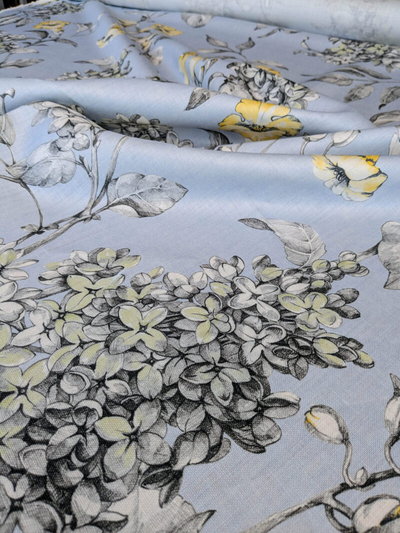 PXL_20250626_183427314 Scalamandre Merrimon in Light Blue Print Silky Linen Fragrant Summer lilac trumpet flower or jimsonweed MSRP USD 346/y