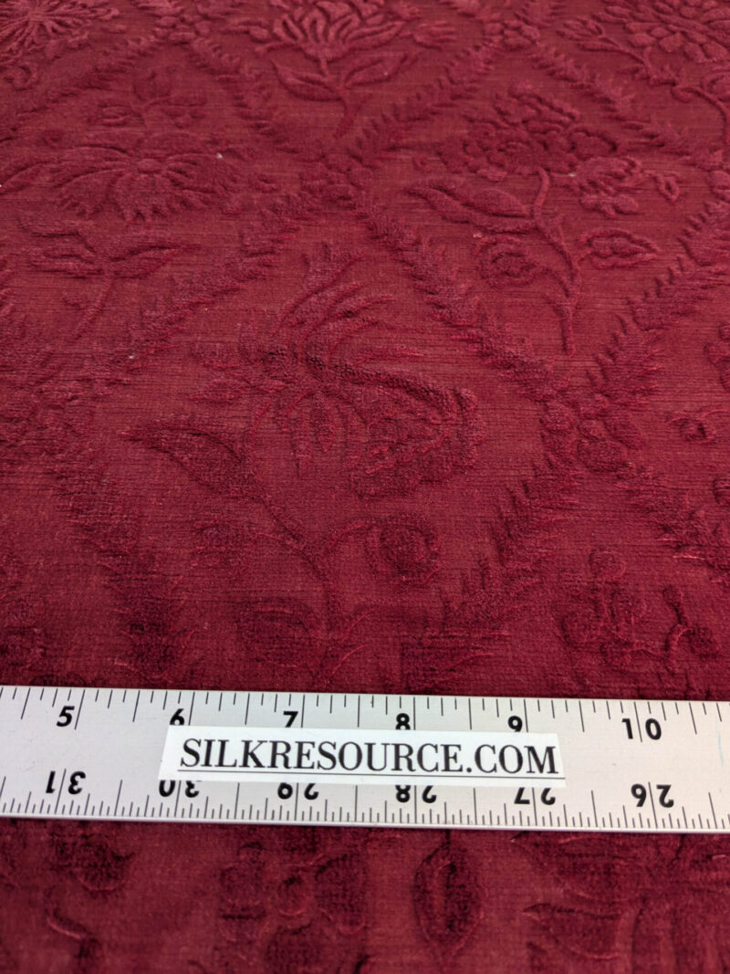 PXL_20250813_183753715 By yard Walled Garden Linen Velvet Gauffrage Rose Peony Lily Tulip Renaissance Embossed Velvet Indian Red MSRP USD 898/Y