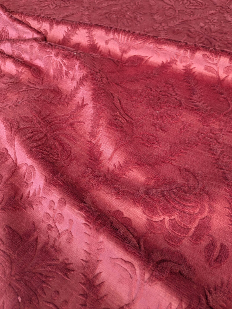 PXL_20250813_183811245 By yard Walled Garden Linen Velvet Gauffrage Rose Peony Lily Tulip Renaissance Embossed Velvet Indian Red MSRP USD 898/Y