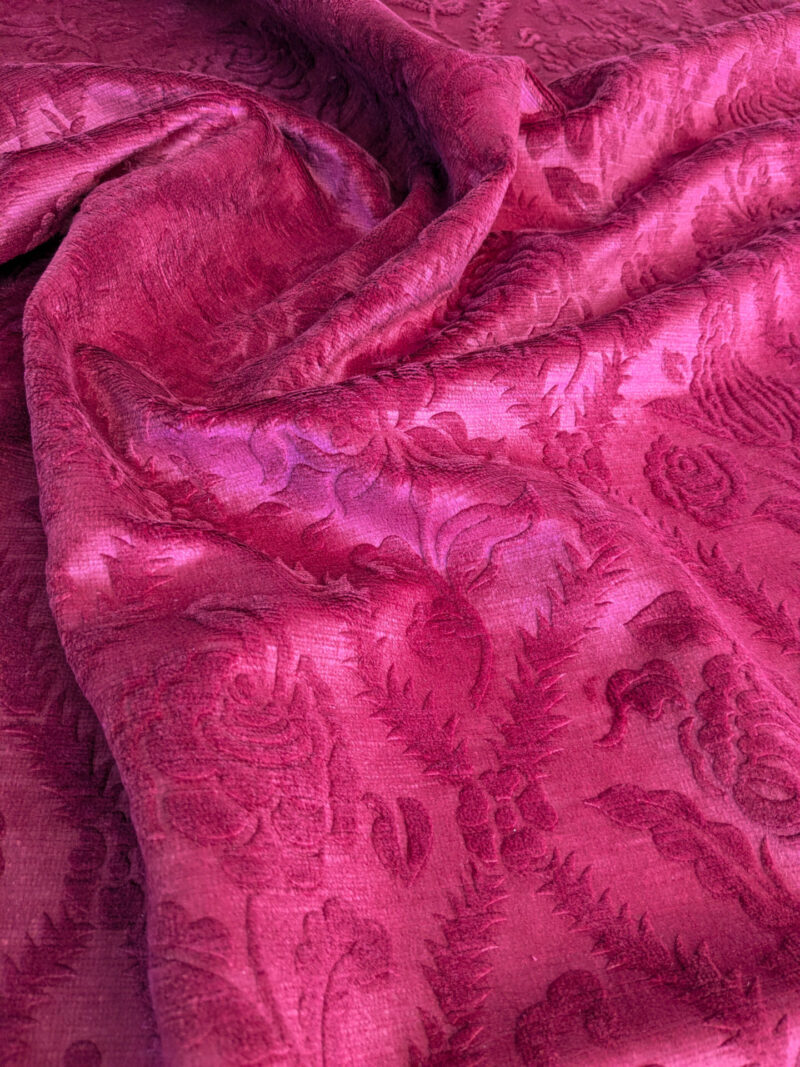 PXL_20250813_184010918 By yard Walled Garden Linen Velvet Gauffrage Rose Peony Lily Tulip Renaissance Embossed Velvet Indian Red MSRP USD 898/Y