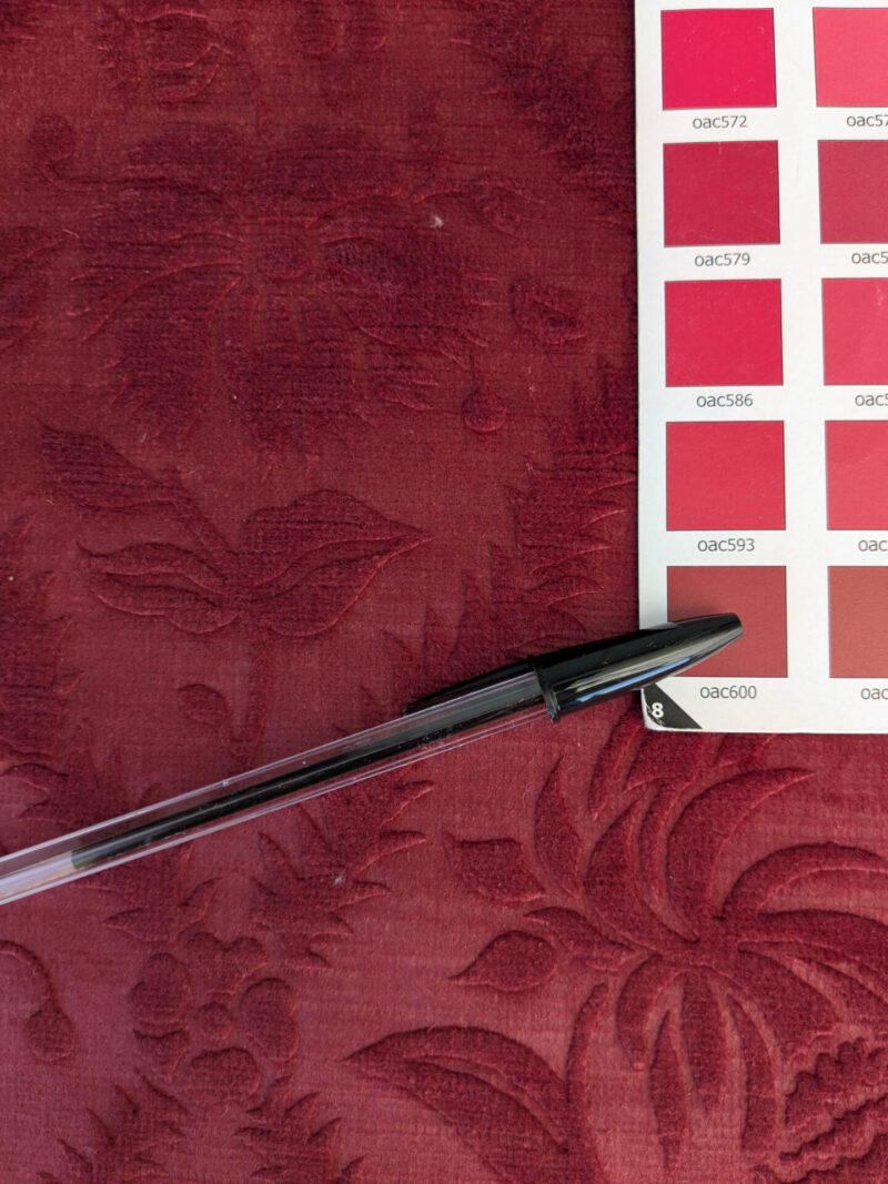 PXL_20250813_184035166 By yard Walled Garden Linen Velvet Gauffrage Rose Peony Lily Tulip Renaissance Embossed Velvet Indian Red MSRP USD 898/Y