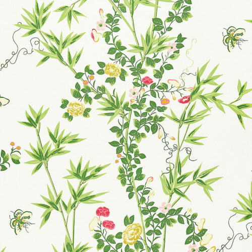 SC_000116608 Scalamandre Jardin de Chine Print Spring Green Red White Cotton Bird Animal Botanical Foliage Chinoiserie Floral Bamboo Butterfly MSRP USD 388/y