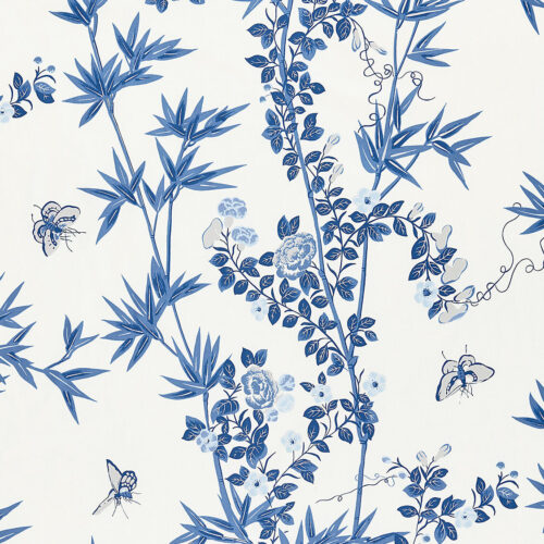 SC_000216608 Scalamandre Jardin de Chine Print Porcelain Blue White Cotton Bird Animal Botanical Foliage Chinoiserie Floral Bamboo Butterfly MSRP USD 388/y