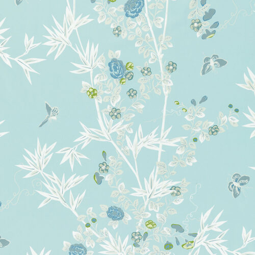 SC_000316608 Scalamandre Jardin de Chine Print Ceil Light Blue White Cotton Bird Animal Botanical Foliage Chinoiserie Floral Bamboo Butterfly MSRP USD 388/y