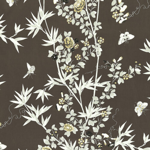 SC_000516608 Scalamandre Jardin de Chine Print Espresso Brown White Cotton Bird Animal Botanical Foliage Chinoiserie Floral Bamboo Butterfly MSRP USD 388/y