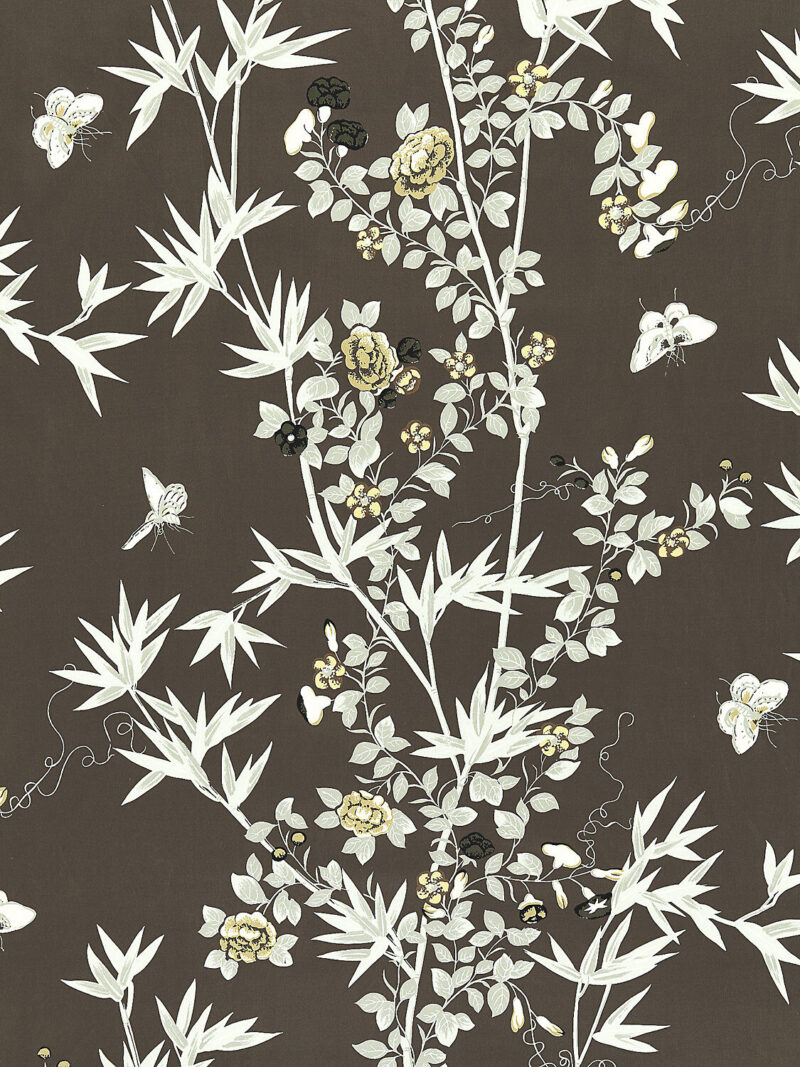 SC_000516608 Scalamandre Jardin de Chine Print Espresso Brown White Cotton Bird Animal Botanical Foliage Chinoiserie Floral Bamboo Butterfly MSRP USD 388/y