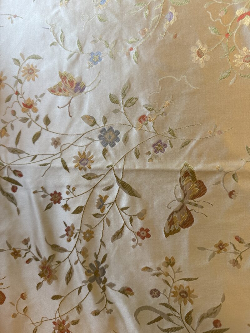 img_1745-1 Butterfly Lovers Chinoiserie Garden 100% Silk Lampas Pink Blue Green over Gold Almond MSRP USD424/yard